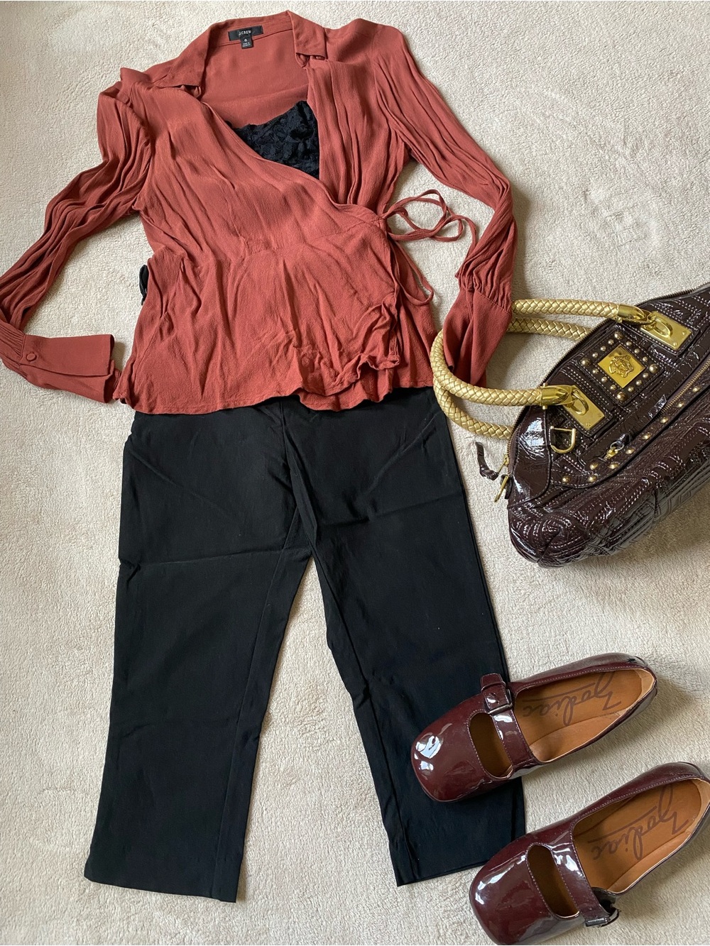 J. Crew Rust Wrap Blouse with Black Capris